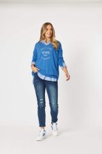 Stylish Blue Knit Pullover With Striped Collar Detail - Image 2