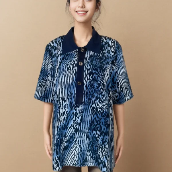 Elegant Blue Animal-Print Collared Shirt