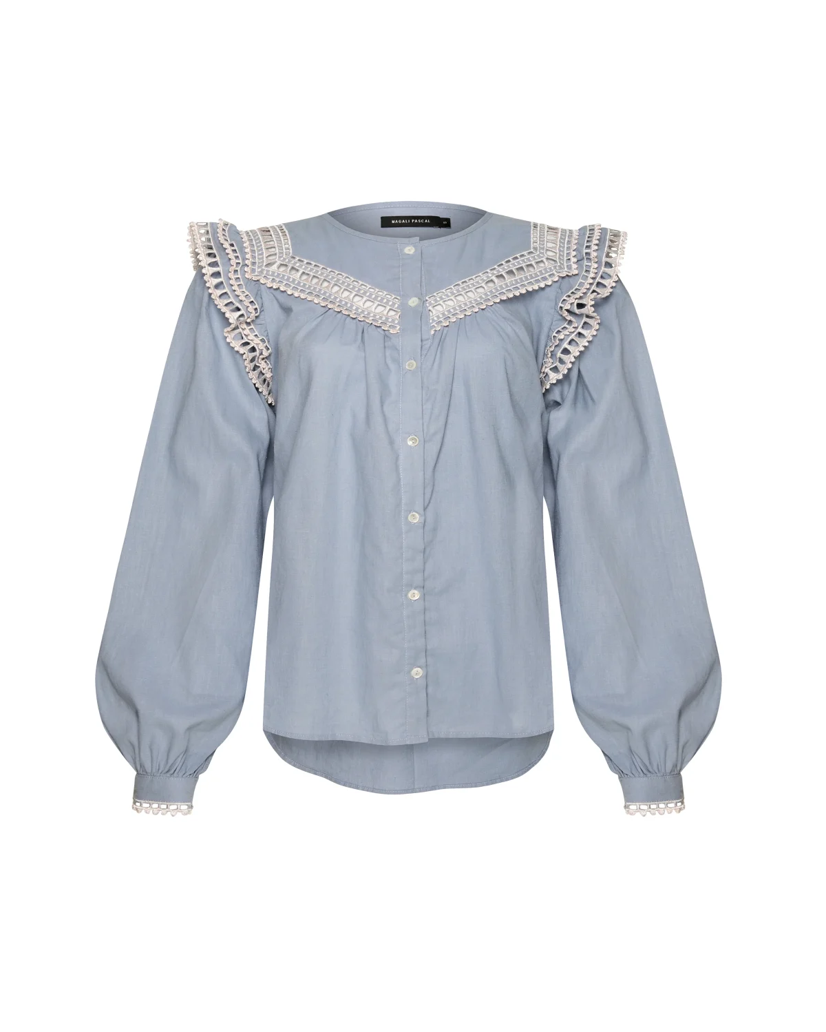 Elegant Lace-Trimmed Blue Blouse - Image 1