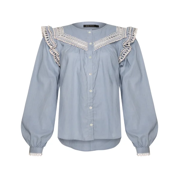 Elegant Lace-Trimmed Blue Blouse