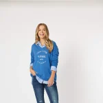 Stylish Blue Knit Pullover With Striped Collar Detail - Image 3