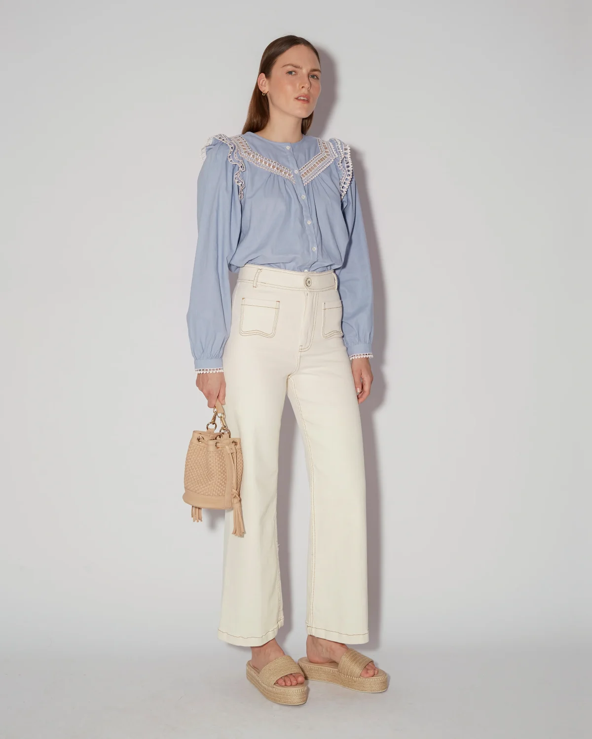 Elegant Lace-Trimmed Blue Blouse - Image 3