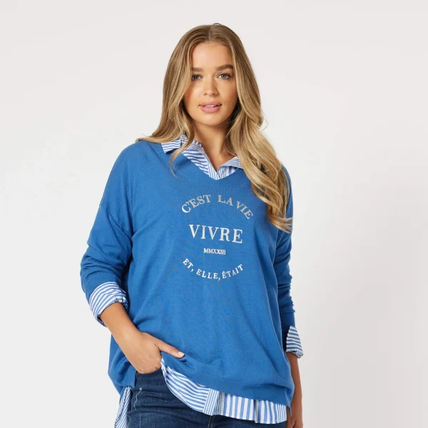 Stylish Blue Knit Pullover With Striped Collar Detail