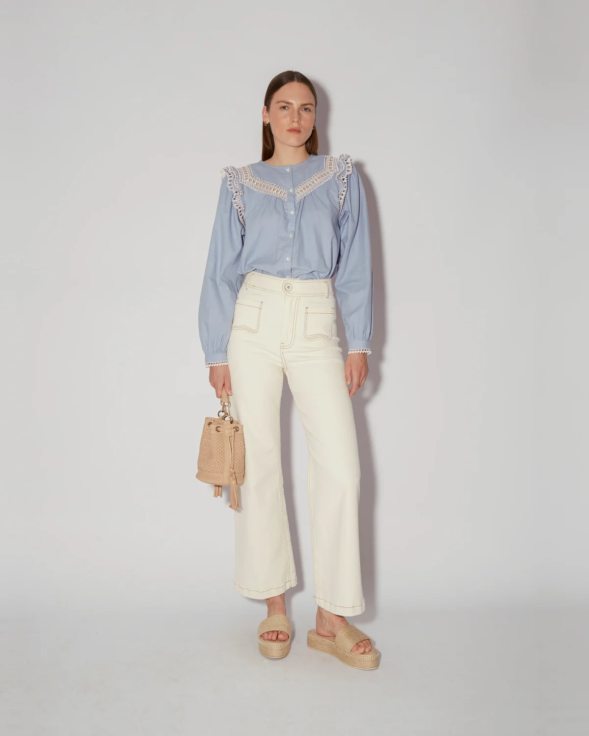 Elegant Lace-Trimmed Blue Blouse - Image 2