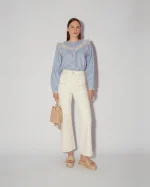 Elegant Lace-Trimmed Blue Blouse - Image 2